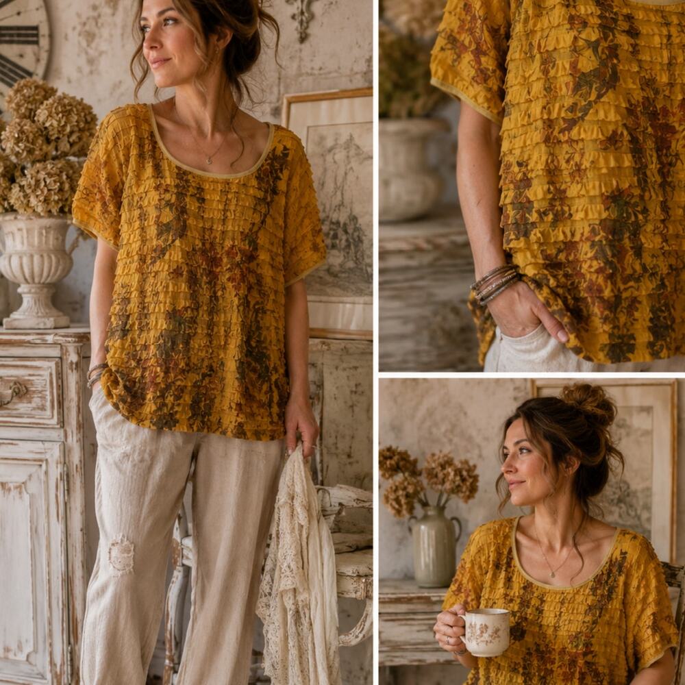 DressBarn Yellow Ruffle Textured Floral Blouse SZ M Boho Shabby Chic Oversized